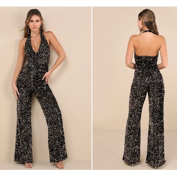 Mesmerizing Diva Black Sequin Wide-Leg Halter Jumpsuit - Picture 1 of 1